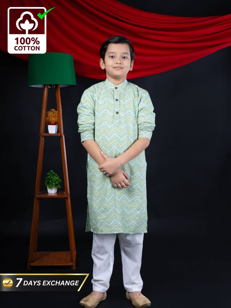 Radiant Style: Boys' Zig Zag Print Pista Color Straight Kurta with White Pajama