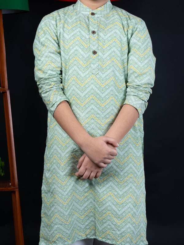 Radiant Style: Boys' Zig Zag Print Pista Color Straight Kurta with White Pajama