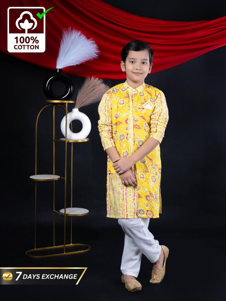 Sunny Elegance: Boys' Floral Print Yellow Color Straight Jacket Style Kurta Pyjama Set