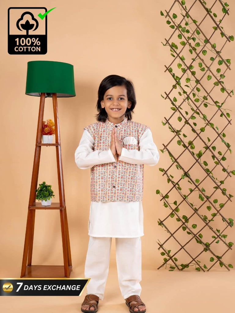 Bohemian Chic: Boys' Nehru Jacket with Off-White Kurta Pyjama Set