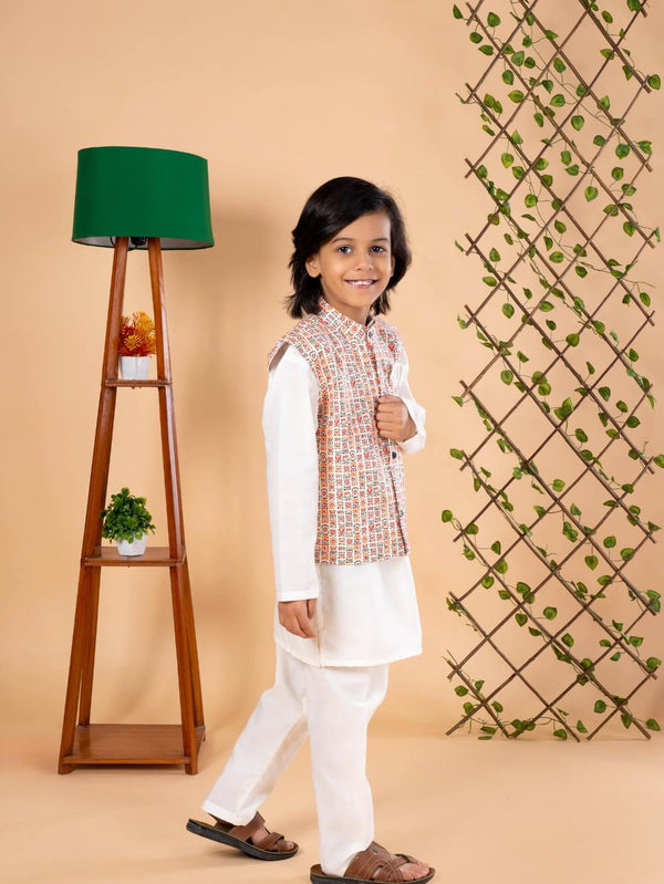 Bohemian Chic: Boys' Nehru Jacket with Off-White Kurta Pyjama Set