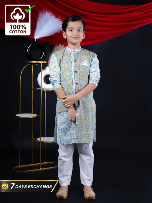 Vibrant Blossoms: Boys' Floral Print Multicolor Straight Jacket Style Kurta Pyjama Set