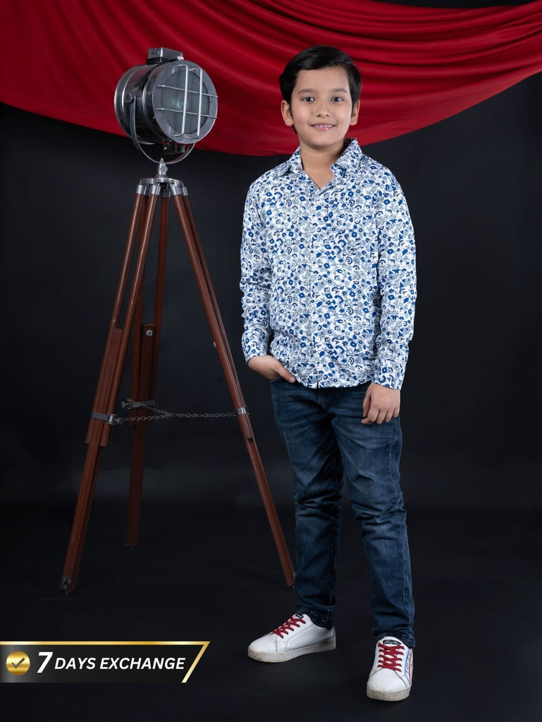 Fresh Blooms: Boys' Blue Small Flowers Printed Shirt