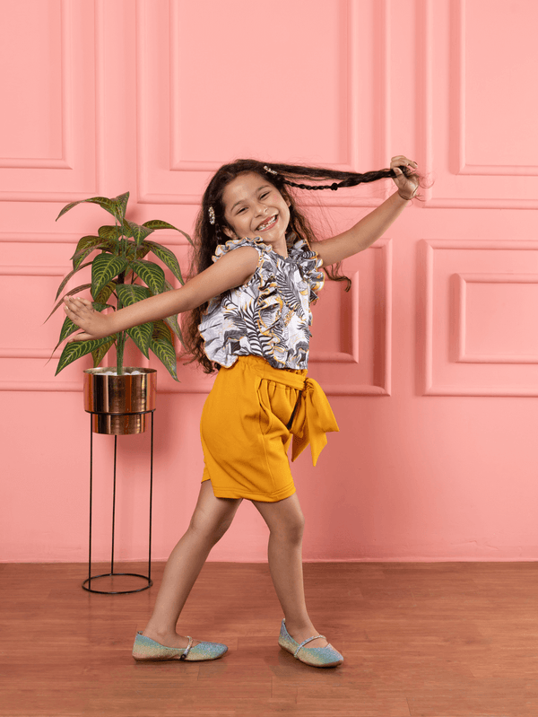 Bebe Unicorn Girls Yellow Shorts & Floral Printed Frilled Top Clothing Set