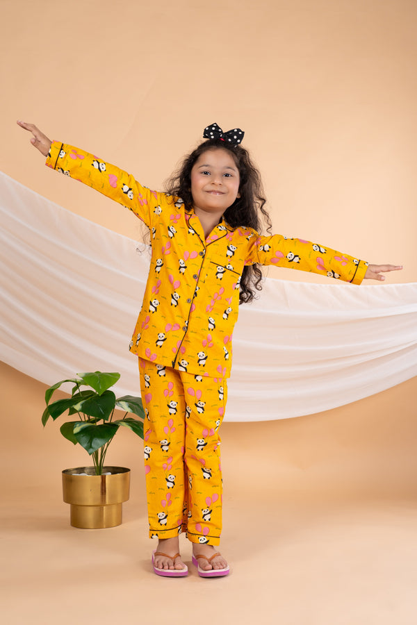 Unisex Kids Cotton Cambric Night Suit - Soft, Comfy & Breathable Sleepwear for Boys and Girls (Mustard)