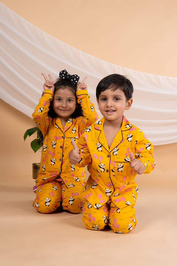 Unisex Kids Cotton Cambric Night Suit - Soft, Comfy & Breathable Sleepwear for Boys and Girls (Mustard)