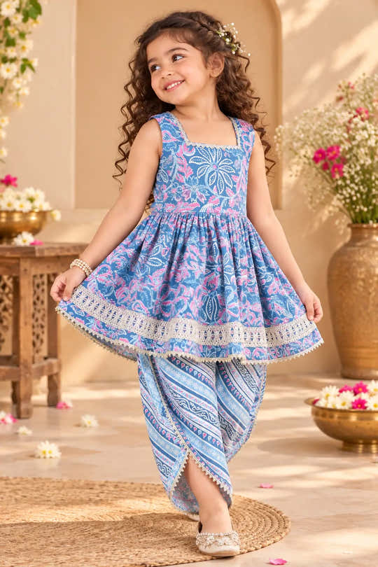 Girls Blue & Pink Floral Kurta Dhoti Set